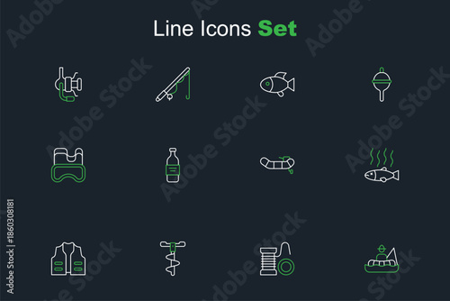 Set line Fisherman in boat, Spinning reel for fishing, Hand ice drill, Fishing jacket, Dead, Inflatable with motor, Bottle of vodka and Diving mask icon. Vector