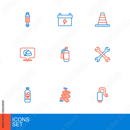 Set line Car muffler, Racing track, Nitrous oxide, Wrench spanner, helmet, Fire extinguisher, Traffic cone and battery icon. Vector