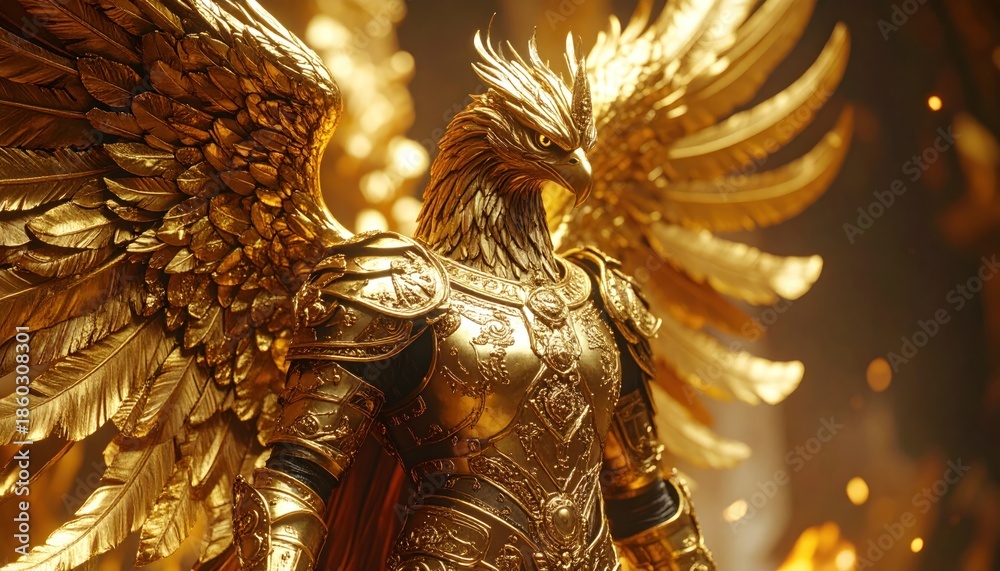 Obraz premium Golden Angelic Warrior with Shining Wings.