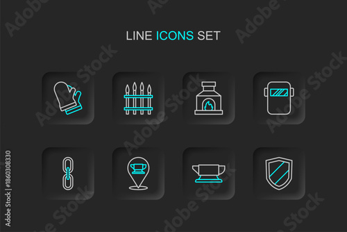 Set line Shield, Blacksmith anvil tool, Chain link, Welding mask, oven, Classic iron fence and Protective gloves icon. Vector