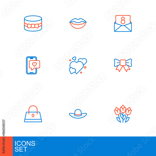 Set line Flower tulip, Elegant women hat, Handbag, Gift bow, Mobile with heart, Heart, Envelope 8 March and Smiling lips icon. Vector