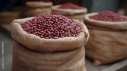 Sacks of raw red beans piled high in burlap bags at an outdoor market