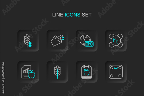 Set line Bathroom scales, Diet plan, Wheat, Magnesium, GMO, Finger blood and Gluten free grain icon. Vector
