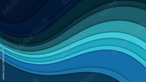 Abstract flowing curves in navy, teal, and cyan. Smooth wavy gradient layers creating a modern liquid background with deep blue motion and depth.