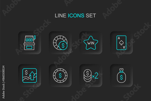 Set line Money bag, Casino chip with dollar, Financial growth increase, Playing card spades symbol, win, chips and Slot machine icon. Vector
