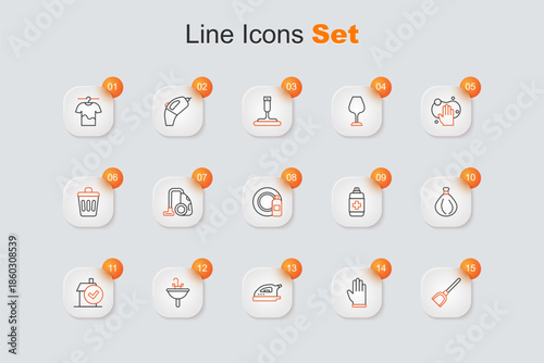 Set line Dustpan, Rubber gloves, Electric iron, Washbasin, Home cleaning service, Garbage bag, Antibacterial soap and Dishwashing bottle and plate icon. Vector