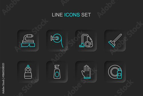 Set line Dishwashing bottle and plate, Rubber gloves, Cleaning spray with detergent, liquid, Mop, Vacuum cleaner, Toilet paper roll and Brush for cleaning icon. Vector
