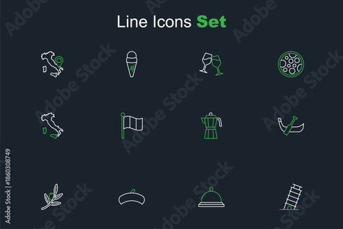 Set line Leaning tower in Pisa, Covered with tray of food, French beret, Olives branch, Gondola boat, Coffee maker moca pot, Flag Italy and Map icon. Vector
