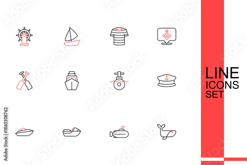 Set line Whale, Submarine, Jet ski, Speedboat, Captain hat, Yacht sailboat and Crossed oars or paddles icon. Vector