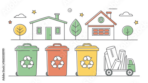 Residential Recycling and Waste Management Program with Bins and Collection Truck Illustration