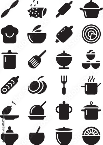 Black solid cooking utensil icons set