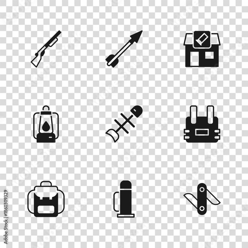 Set Thermos container, Bulletproof vest, Swiss army knife, Dead fish, Hunting shop, gun, Medieval arrow and Camping lantern icon. Vector