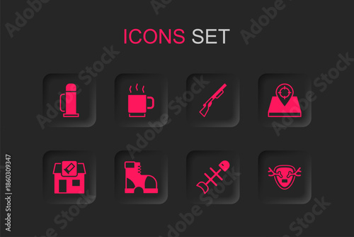 Set Hunter boots, Coffee cup, Thermos container, Dead fish, place, Deer antlers shield, Hunting gun and shop icon. Vector