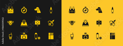 Set Bullet, Photo camera, Target sport, Hunt place, Hunting dog, Bulletproof vest and Compass icon. Vector