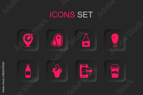 Set Corn, Steak meat, Chicken leg, Food ordering on mobile, Coffee cup to go, Sauce bottle and Bottle wine icon. Vector