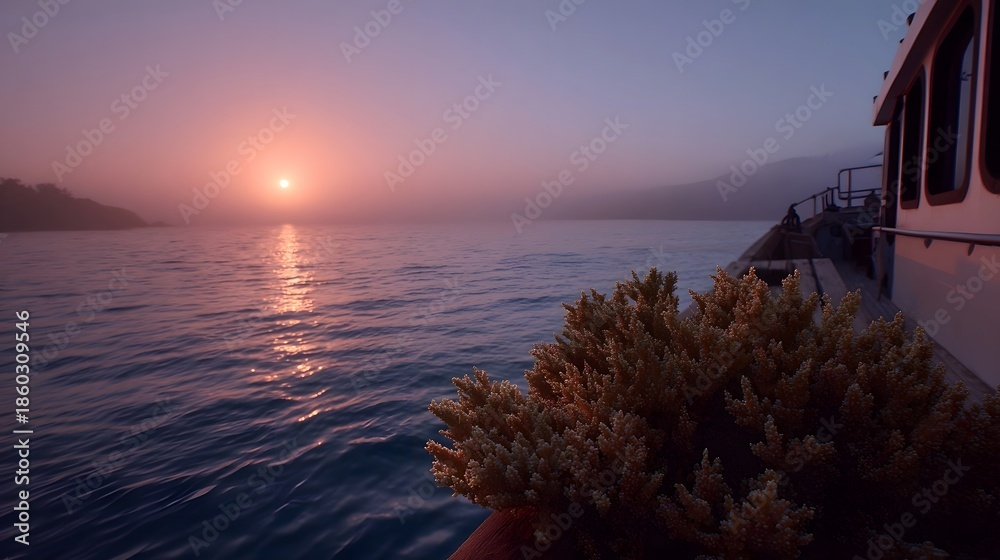 Fototapeta premium Serene sunset over a misty ocean viewed from a boat deck with a prominent coral plant in the foreground