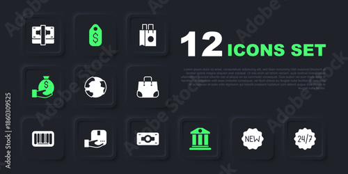 Set Price tag with New, Clock 24 hours, Worldwide, Bank building, Money bag, Delivery hand box, dollar and Stacks paper money cash icon. Vector