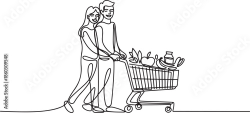 One continuous line drawing young happy romantic couple pushing trolley full of daily goods, vegetables, fruits, milk together. Shopping in grocery store concept. one line Icon drawing
