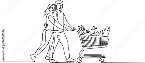 One continuous line drawing young happy romantic couple pushing trolley full of daily goods, vegetables, fruits, milk together. Shopping in grocery store concept. one line Icon drawing
