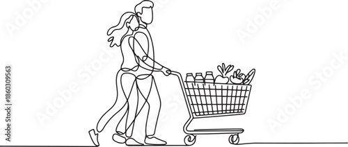 One continuous line drawing young happy romantic couple pushing trolley full of daily goods, vegetables, fruits, milk together. Shopping in grocery store concept. one line Icon drawing