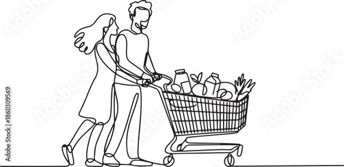 One continuous line drawing young happy romantic couple pushing trolley full of daily goods, vegetables, fruits, milk together. Shopping in grocery store concept. one line Icon drawing