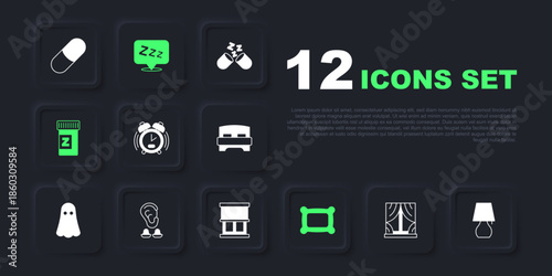 Set Window with curtains, Table lamp, Alarm clock, Pillow, Sleeping pill, Earplugs and ear, Sleepy and icon. Vector