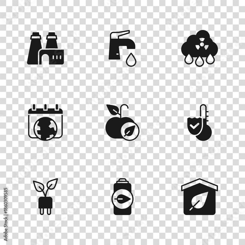 Set Eco nature leaf battery, Thermometer, friendly house, Apple, Acid rain radioactive cloud, Factory production, Water tap and World Earth day icon. Vector