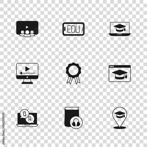 Set Audio book, Online education, with diploma, Graduation cap laptop, class, and play video icon. Vector