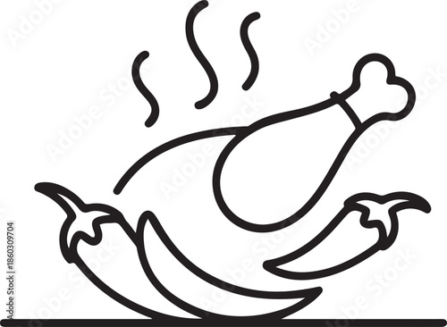 One single line drawing of hot spicy and crispy fried chicken store logo vector illustration. Fast food cafe menu and restaurant badge concept. one line Icon drawing