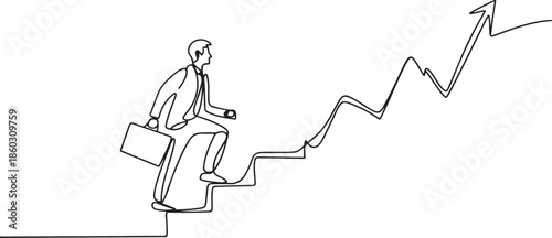 Single continuous line drawing of young business man climbing stair to sign increase market chart. Professional businessman. Minimalism concept. one line Icon drawing