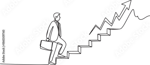 Single continuous line drawing of young business man climbing stair to sign increase market chart. Professional businessman. Minimalism concept. one line Icon drawing