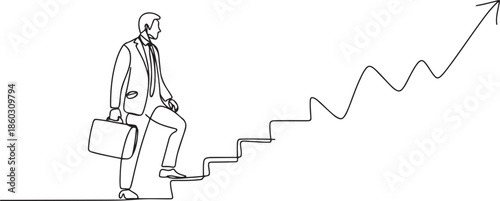 Single continuous line drawing of young business man climbing stair to sign increase market chart. Professional businessman. Minimalism concept. one line Icon drawing