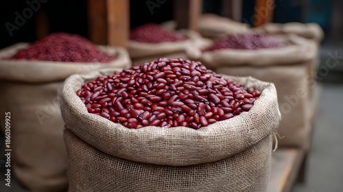 Rustic burlap sacks overflowing with vibrant red kidney beans at a market