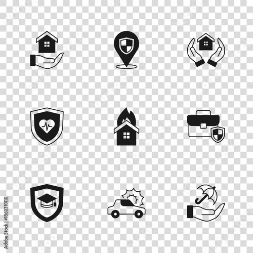 Set Car insurance, Briefcase with shield, Umbrella hand, Fire burning house, House, Location and Life icon. Vector