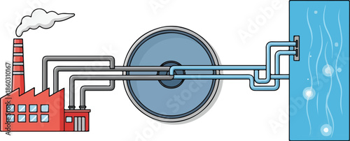 Industrial factory with pipes connected to a large circular tank and a blue water body illustrating industrial processes and water treatment.
