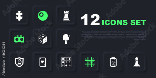 Set Table football, Chess pawn, Game dice, Tic tac toe game, Time chess clock, Playing cards, Billiard pool snooker and Bingo icon. Vector