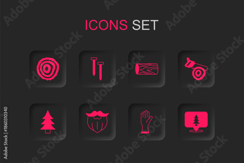 Set Mustache and beard, Metallic nails, Tree rings, Protective gloves, Hand saw log, Location of the forest, Wooden and icon. Vector
