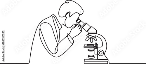 One continuous line drawing of scientist analyze blood sample using laboratory microscope to find covid19 vaccine. Medical research coronavirus concept. one line Icon drawing