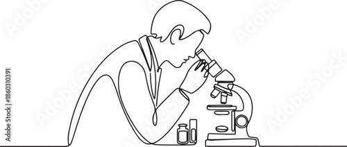 One continuous line drawing of scientist analyze blood sample using laboratory microscope to find covid19 vaccine. Medical research coronavirus concept. one line Icon drawing