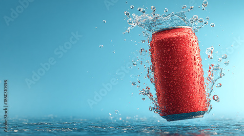 Dynamic image of a red beverage can mid-splash, droplets clinging against a cool blue background offering a refreshing feel. Ideal for summer.