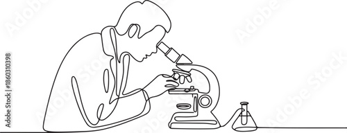One continuous line drawing of scientist analyze blood sample using laboratory microscope to find covid19 vaccine. Medical research coronavirus concept. one line Icon drawing