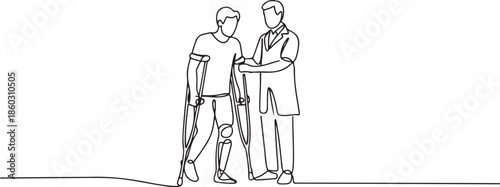 Single one line drawing rehabilitation center. Young man patient learning to walk using crutches with help of doctor. Physiotherapy treatment of people with injury. one line Icon drawing