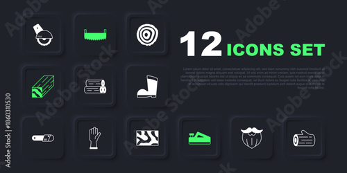 Set Mustache and beard, Wooden log, plane tool, beam, Protective gloves, Two-handed saw and icon. Vector