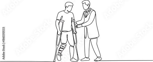 Single one line drawing rehabilitation center. Young man patient learning to walk using crutches with help of doctor. Physiotherapy treatment of people with injury. one line Icon drawing