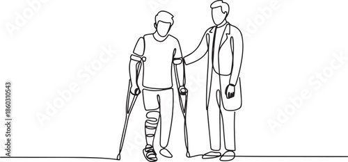 Single one line drawing rehabilitation center. Young man patient learning to walk using crutches with help of doctor. Physiotherapy treatment of people with injury. one line Icon drawing