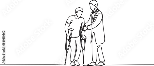 Single one line drawing rehabilitation center. Young man patient learning to walk using crutches with help of doctor. Physiotherapy treatment of people with injury. one line Icon drawing