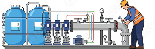 Industrial water treatment system with technician performing maintenance.
