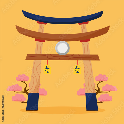 Illustration of a traditional Japanese Torii gate with cherry blossoms and a yellow background.