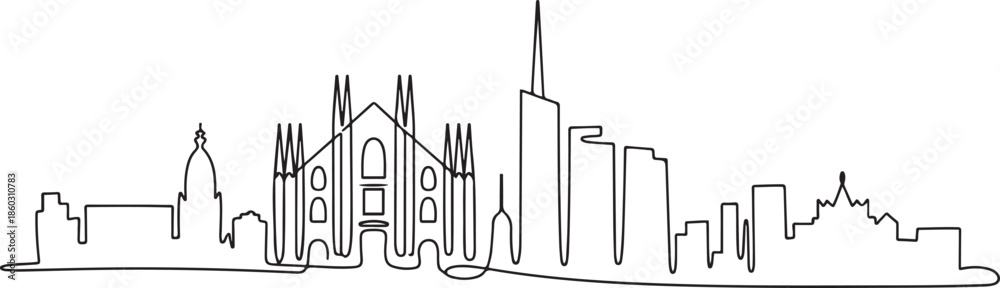Obraz premium Single continuous line drawing of Milan city skyline, Italy. Famous city skyscraper landscape in world. World travel wall decor poster print concept. one line Icon drawing