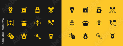 Set Honey dipper stick, Honeycomb, Bee, Beekeeping brush, Beekeeper with protect hat, Jar of honey, bee location and extractor icon. Vector